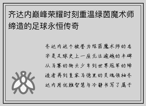 齐达内巅峰荣耀时刻重温绿茵魔术师缔造的足球永恒传奇
